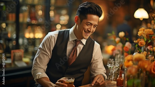 In his own bar, an elegant and contented barman prepares a unique beverage for his clients..