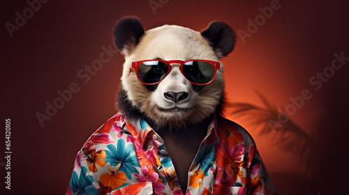 Panda in Hawaiian Shirt and Sunglasses Half Body Photoshoot
