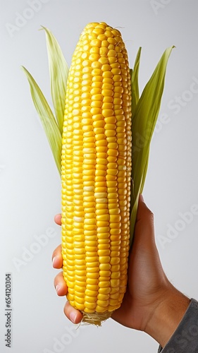 against a white background, a human hand grasping a corn cob,.