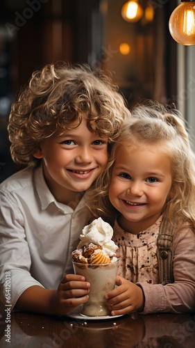 It s so much fun and delicious to see kids  a boy and a girl  eating ice cream cones in the kitchen..