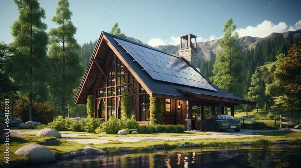 A home with solar cell and sunny blue sky. Solar panels on roof of the house renevable energy green power photovoltaic A home with solar cell and sunny blue sky. Solar panels on roof of the house renevable energy green power photovoltaic