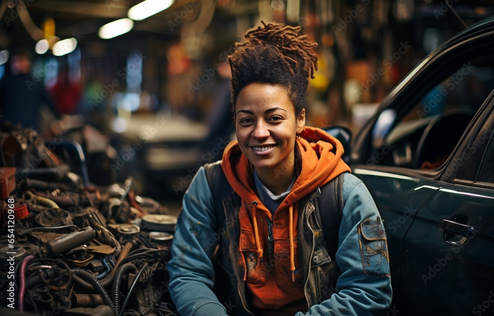 An image of a non-binary individual working on a car in an auto shop.