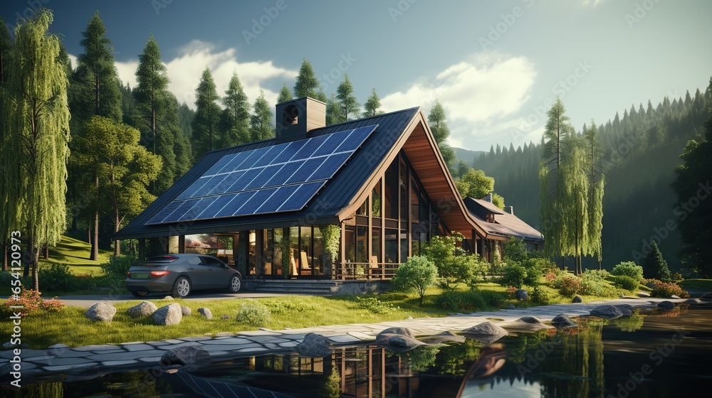 Obraz premium A home with solar cell and sunny blue sky. Solar panels on roof of the house renevable energy green power photovoltaic