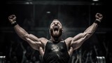 The winning emotion of a muscular male weightlifter celebrating. Generative ai
