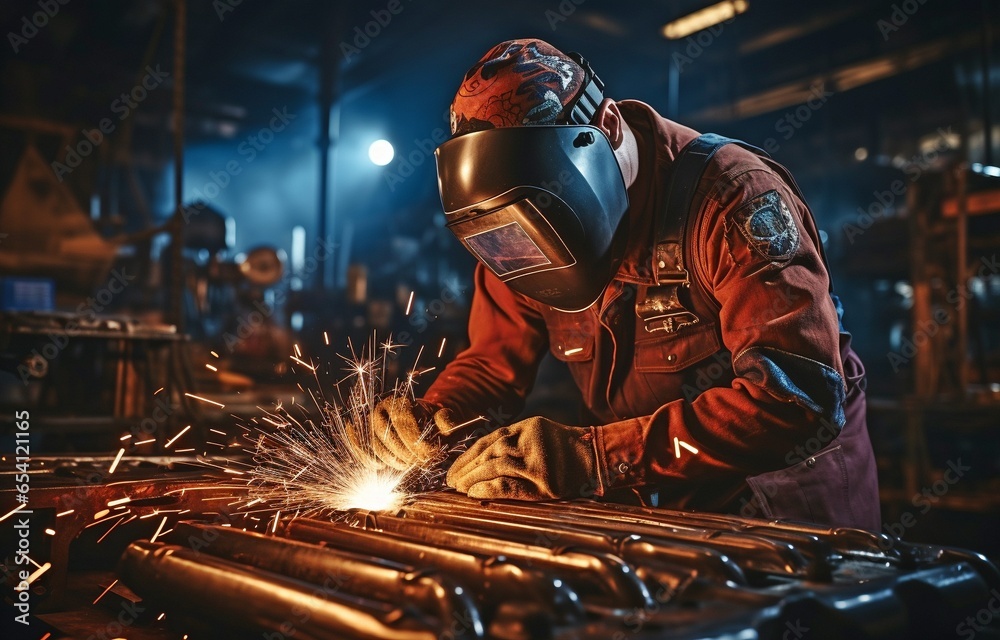 In a bustling metal factory, welders are working on metal construction.. In a bustling metal factory, welders are working on metal construction..