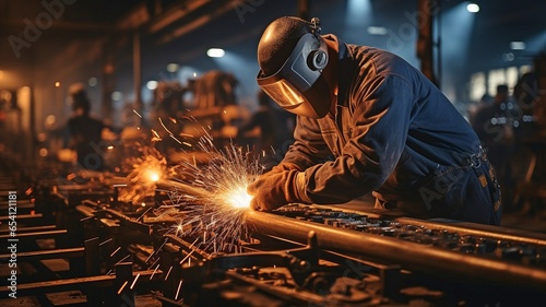 In a bustling metal factory, welders are working on metal construction.. photo