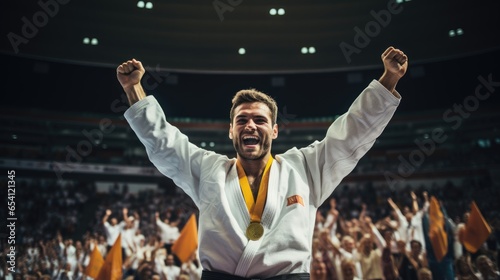 The gold medal winner at the indoor stadium. Celebrating success. Generative ai © nilanka