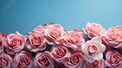 Stack of pink roses on a blue background. Generative ai