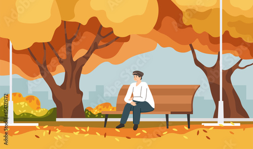 Personage sitting on bench in autumn park vector