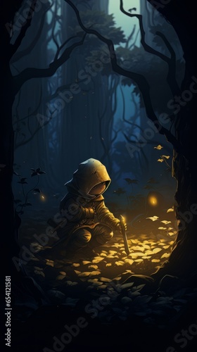 Cartoon child in the forest alone in creepy fairy tale forest. AI