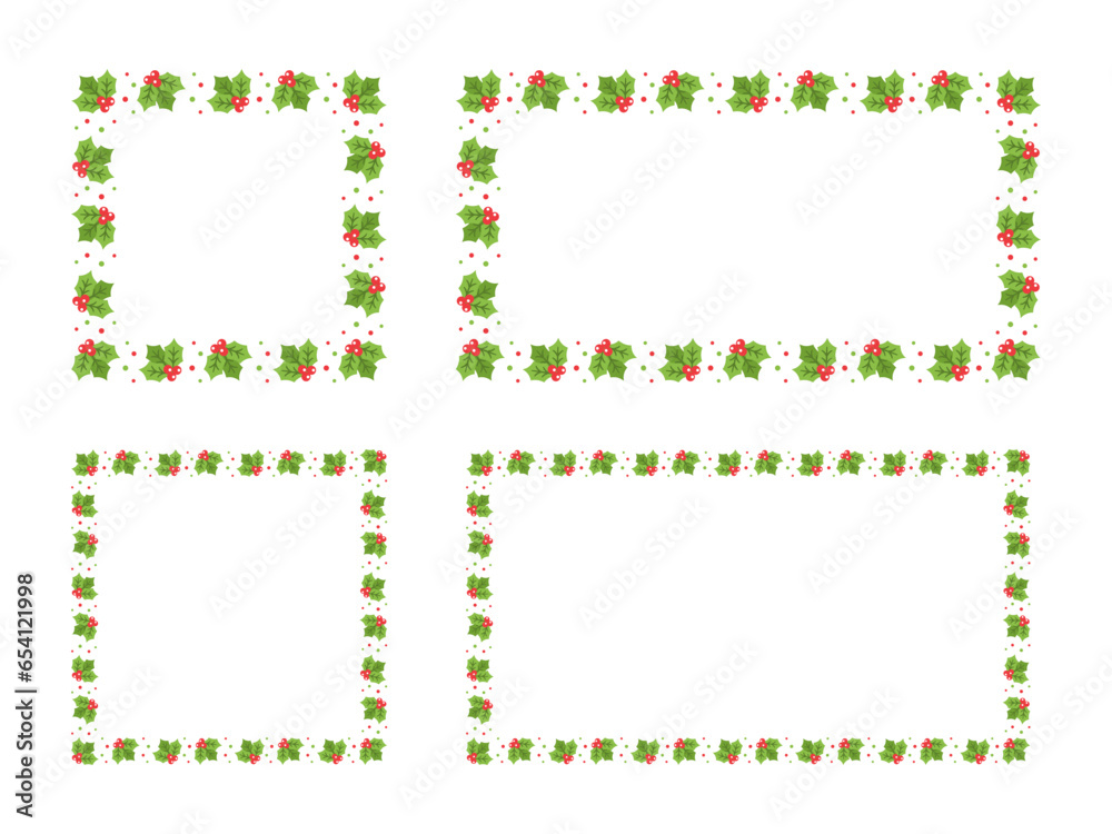 Square and Rectangle Mistletoe Frame Set, Christmas and New Year Card Template, Winter Holiday Season Plant Design Border. Vector Illustration for greetings, invitation, social media post.