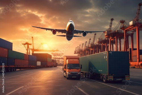 Global business of logistics import export and logistics of truk container cargo ship and cargo plane, transportation industry concept