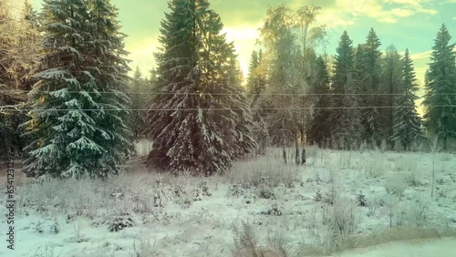Wallpaper Mural Winter train journey. Houses and winter forest flash by the window. View from the train window on the winter landscape. Winter sunset from the train window. Russia 2023 Torontodigital.ca