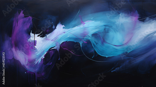 A blue and purple abstract painting on a black background