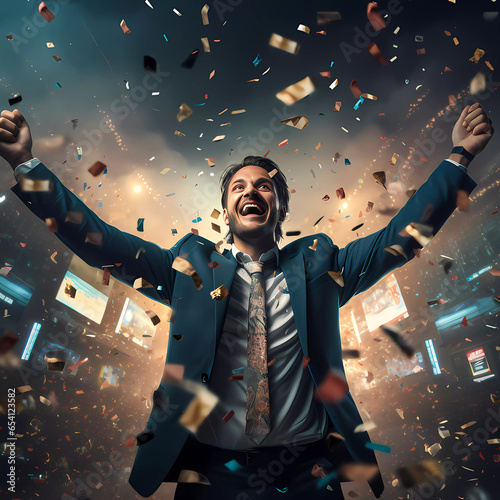 man celebrate his victory and success in business , game , lottery  