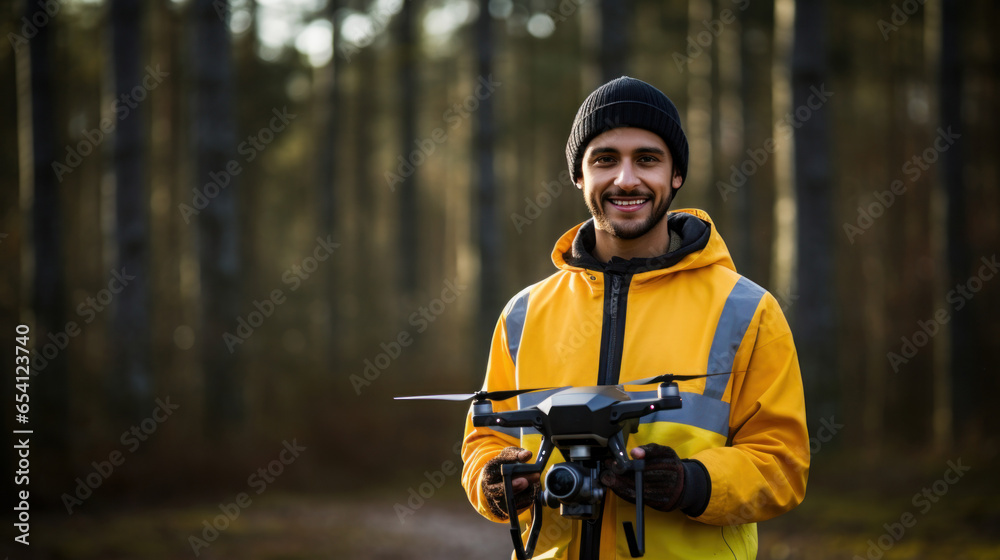 Young drone pilot at working control - obrazy, fototapety, plakaty 