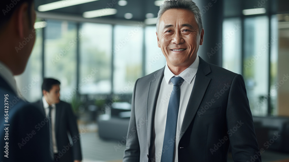 Kazakhstan mature businessman standing talking with business partner in the office Kazakhstan mature businessman standing talking with business partner in the office