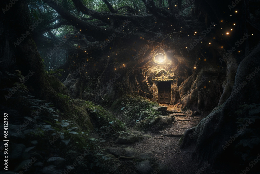 Deep within a mystical forest, luminescent fireflies form a living constellation, illuminating the path to an ancient, overgrown tree with a door to enchanted realms.