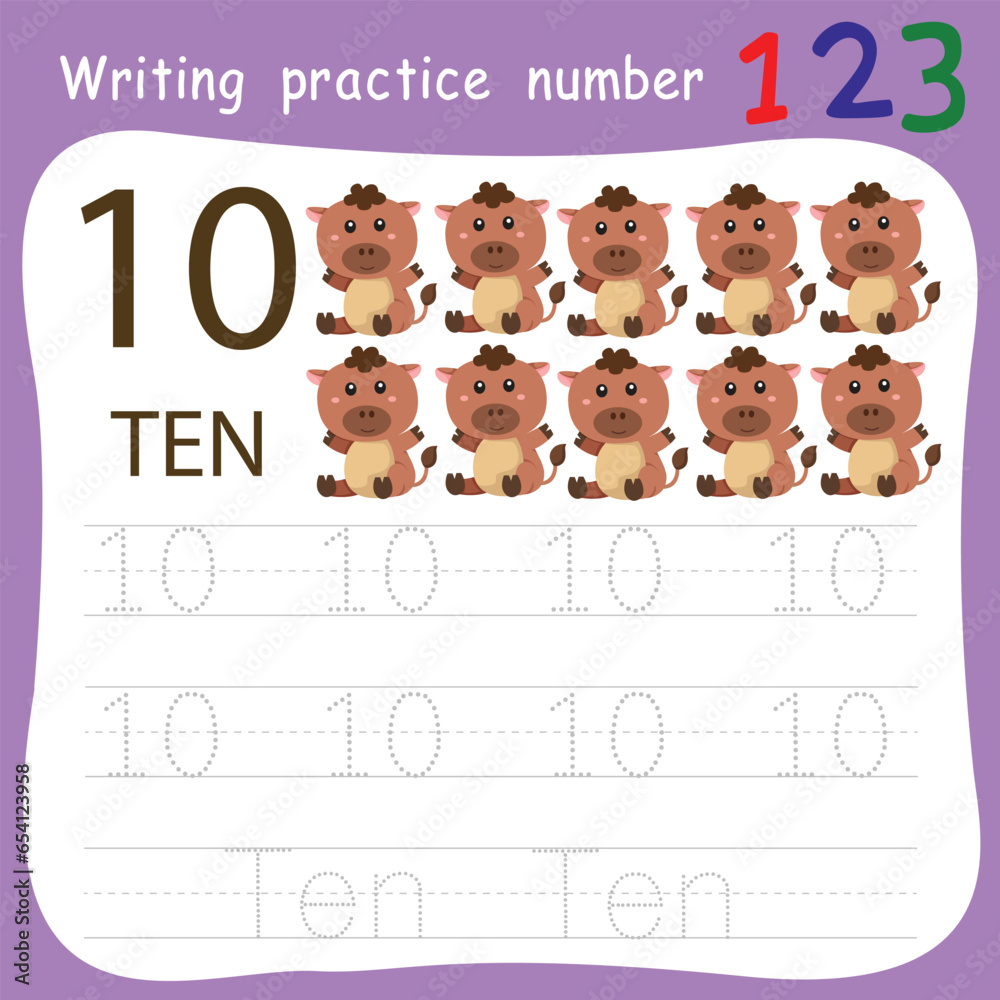 Fototapeta premium Worksheet Writing practice number ten animal
