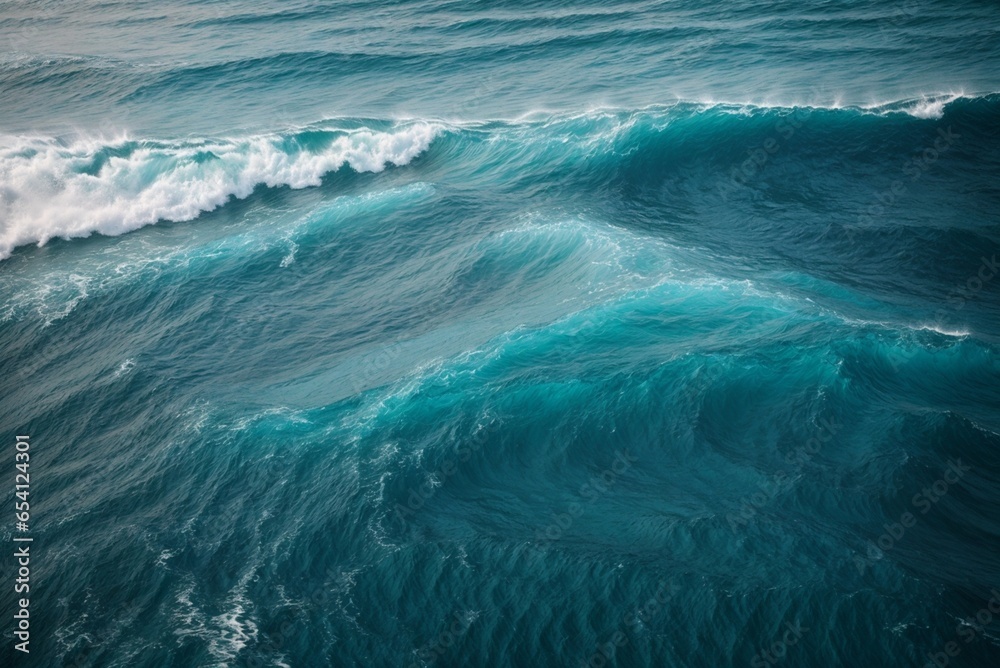Aerial view of ocean waves. Turquoise water with white foam.