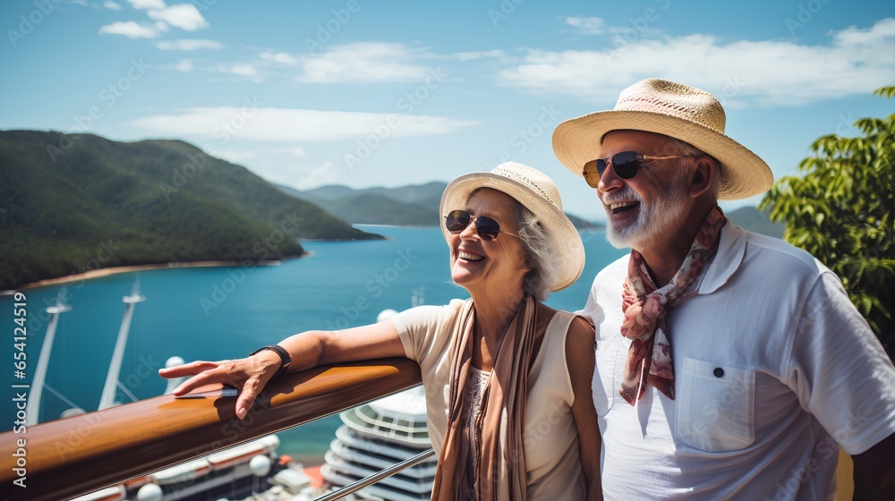A senior couple is seen enjoying their time on a cruise ship, standing on the deck with a beautiful ocean view in the background. They are smiling and laughing, clearly enjoying their retirement.