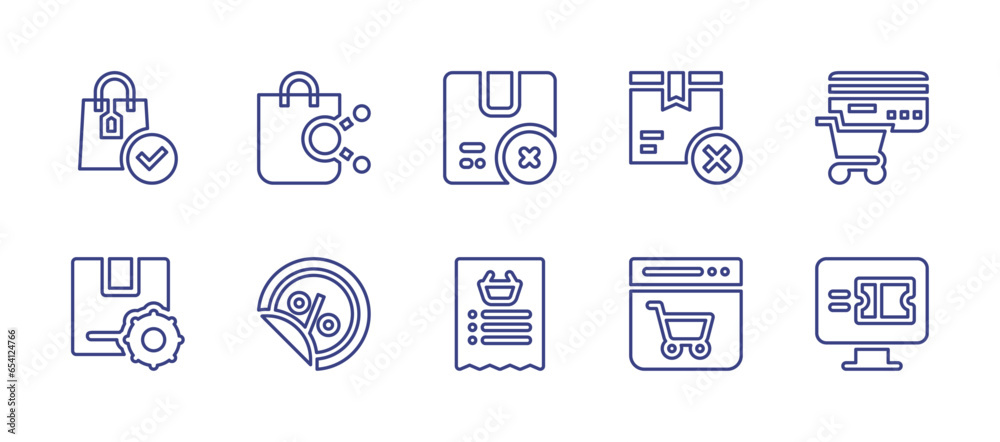 Ecommerce line icon set. Editable stroke. Vector illustration. Containing order, affiliate marketing, cancel, credit card, product management, discount, shopping list, online shopping, e ticket.