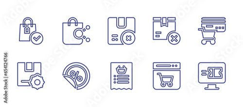 Ecommerce line icon set. Editable stroke. Vector illustration. Containing order, affiliate marketing, cancel, credit card, product management, discount, shopping list, online shopping, e ticket.