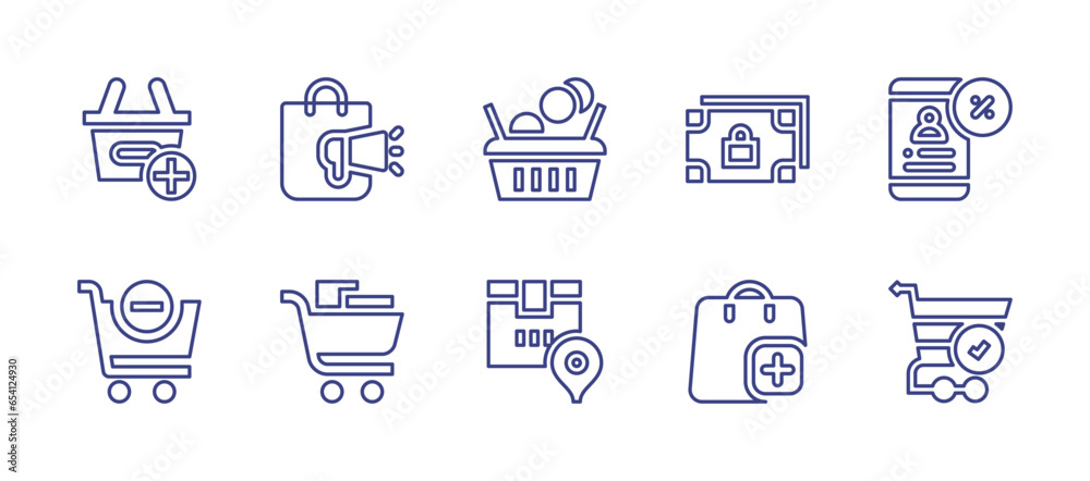 Ecommerce line icon set. Editable stroke. Vector illustration. Containing online shop, cart, shopping cart, package, money, add, shopping bag.