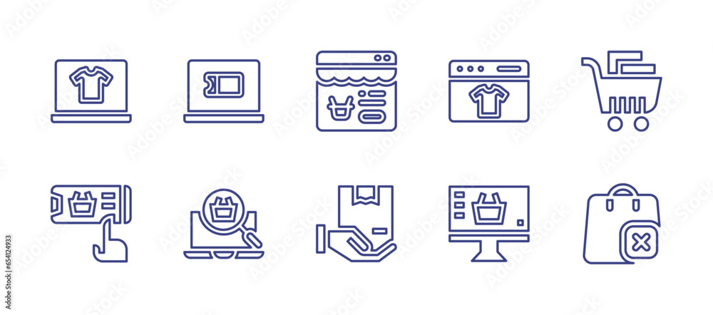 Ecommerce line icon set. Editable stroke. Vector illustration. Containing flash sale, coupon, online shop, shopping, shopping cart, online shopping, search, box, shopping online, shopping bag.