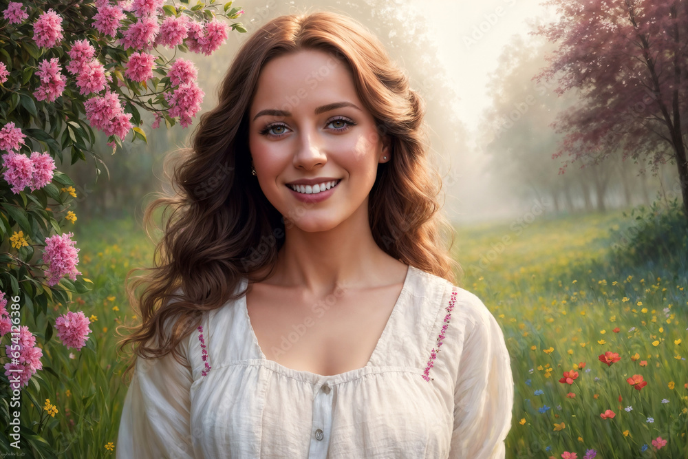 portrait of a beautiful girl posing against the background of nature with flowers and trees on a bright sunny day portrait of a beautiful girl posing against the background of nature with flowers and trees on a bright sunny day