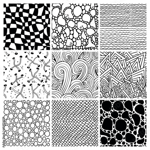 Vector texture by ink pen. Stripes, circles, and lines, tree hatching. Seamless Patterns. Zentangle. Black and white doodle.