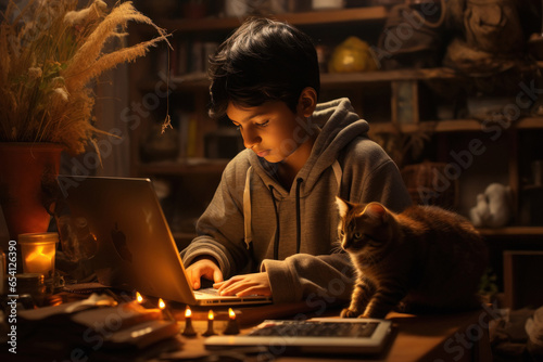 Indian little boy using laptop to late night.