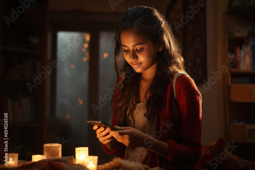 indian girl using smartphone at night.
