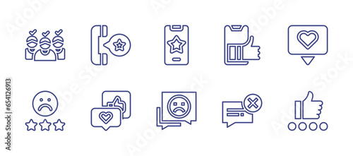 Feedback line icon set. Editable stroke. Vector illustration. Containing satisfied, bad review, like, score, love, telephone, smartphone, best customer experience.