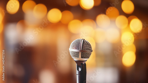 mic or microphone on stage on blur bokeh background
