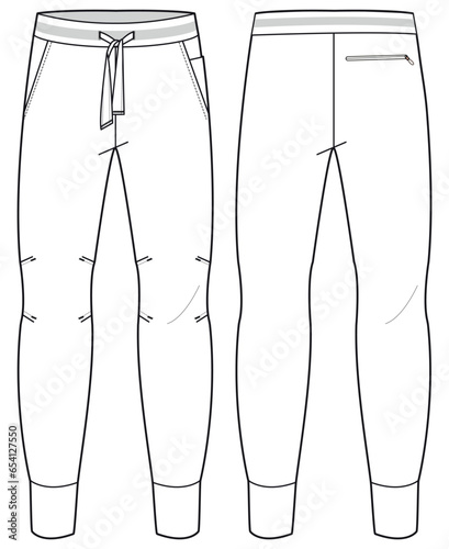 Men's Jogger bottom front and back view flat sketch fashion illustration, Knitted track pants vector template, Sweatpants design drawing
