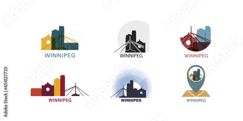 Canada Winnipeg city vector logo set. Manitoba province modern skyline icons collection with cityscape and landmarks silhouette, isolated graphic concept