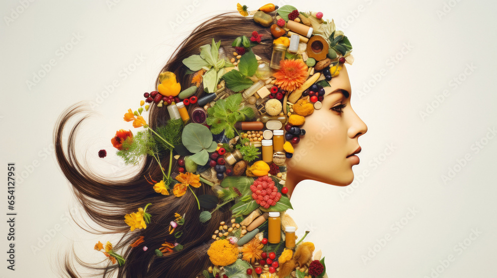 Medicine and suppliment on woman head. healthy lifestyle concept