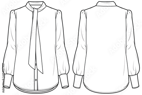 Women's Shirt Blouse with bow tie neck flat sketch fashion illustration with front and back view, Long sleeve formal shirt for girls and ladies template mock up