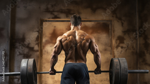 Muscular man or bodybuilder doing a weightlifting at gym