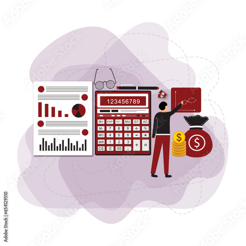 Accounting, bookkeeping, check financial statements, corporate paperwork concept. Top view. Modern flat design graphic. Creative vector 