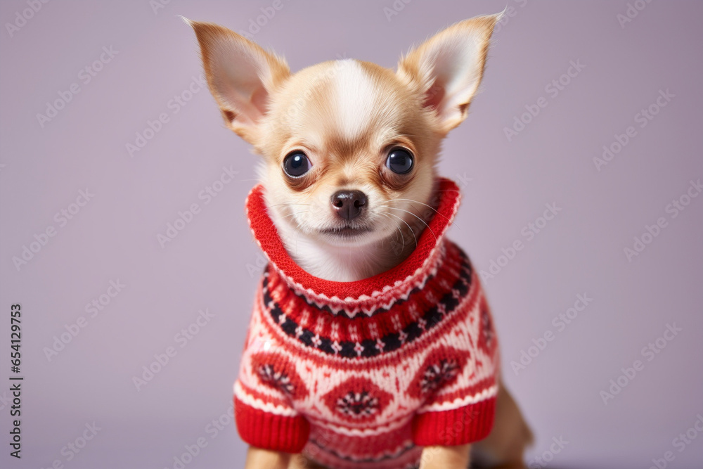 Small Chihuaha dog with knitted winter sweater