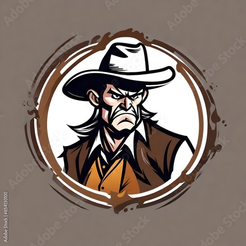 A logo for a business or sports team featuring a fictional masculine angry cartoon cowboy wearing a cowboy hat that is suitable for a t-shirt graphic.