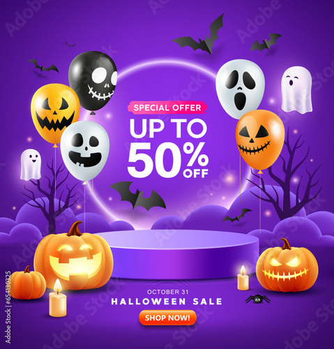 Halloween podium purple color, pumpkin, balloons, ghost, candle, and bat flying, poster flyer design on purple background, Eps 10 vector illustration
