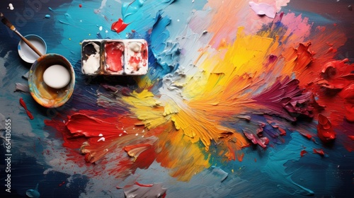 Abstract art multicolor paints and brushes on canvas 