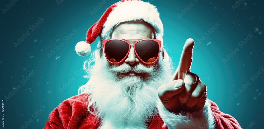 modern Santa Claus wearing sunglasses on dark background - obrazy, fototapety, plakaty 