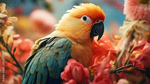 Parrot on the flower. Colorfull parrot. Beautiful extreme close-up. Made with generative ai