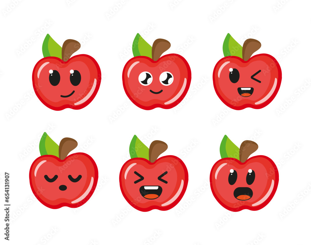 Cute apple with kawaii muzzles. Vector illustration of a flat drawing of apple on a white background Cute apple with kawaii muzzles. Vector illustration of a flat drawing of apple on a white background