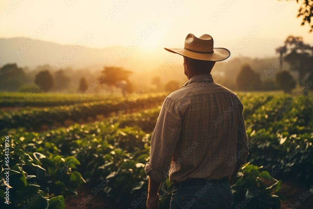 Farmer standing in the field at sunset. Agriculture and farming concept.