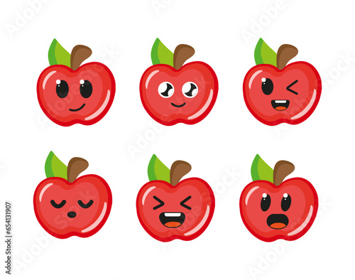 Cute apple with kawaii muzzles.  Vector illustration of a flat drawing of apple on a white background